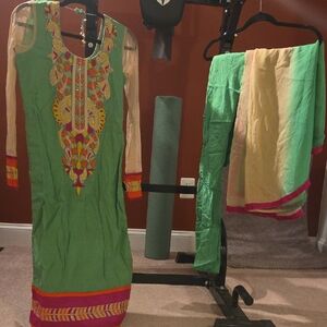 Green Embroidered Churidar With Dual Colored Dupatta/chunni W Pink Border